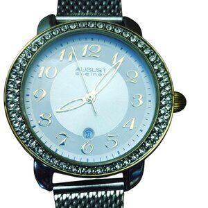 August Steiner Quartz Watch Crystal Accent Bezel Stainless Steel Mesh Band